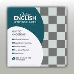  Online English Learning Classes Flyer with Checkered Background and Benefits