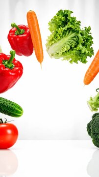 A dynamic sequence of colorful vegetables falling and spinning, showcasing freshness and healthiness perfect for culinary, nutrition, and healthy eating themes.