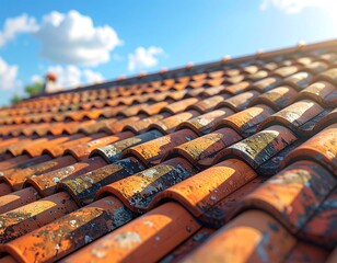 Close-up of weathered, orange terracotta roof tiles under a blue sky