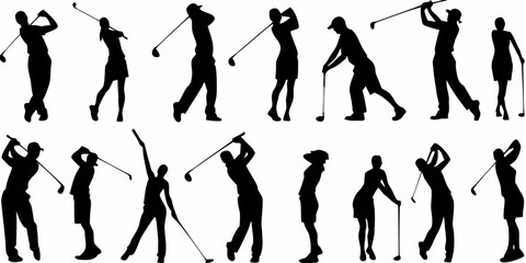 Silhouettes of golfers in various stages of a golf swing