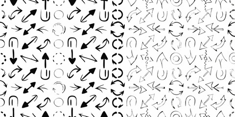 A dense pattern of hand drawn black arrows and curved shapes on white