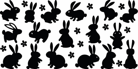 Naklejka premium A collection of black rabbit silhouettes scattered with floral accents