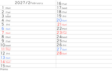 2027年シンプルカレンター　2月　曜日英語