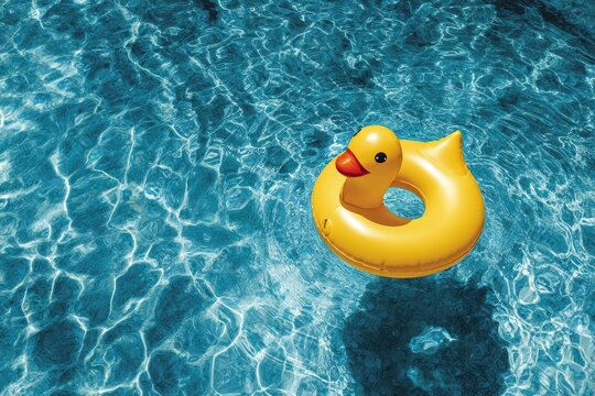 Yellow rubber duck float swimming peacefully in clear blue pool water