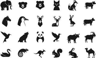 Obraz premium A comprehensive collection of black silhouette icons representing diverse wild and domestic animals fills the entire frame.