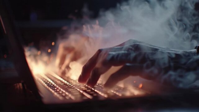 Programmer hands typing on a laptop keyboard that is overheating and smoking with sparks.