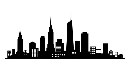 Obraz premium High-contrast black silhouette of a city skyline. This minimalist graphic illustration features a variety of skyscrapers, towers, and urban buildings with sharp, clean edges