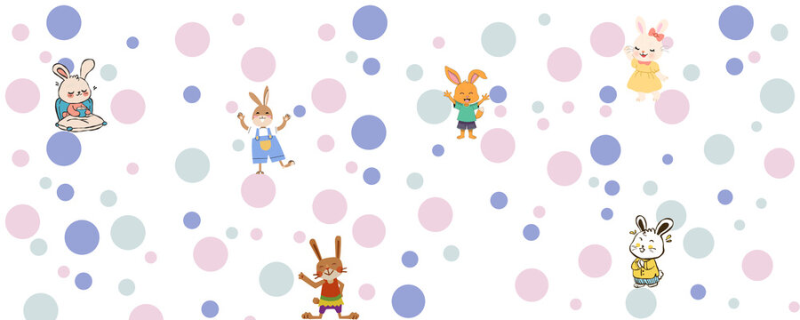 Cute bunny with colorful polca dots background.