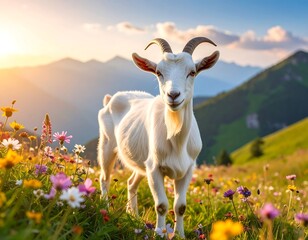 Obraz premium A white goat stands in a vibrant field of wildflowers with mountains