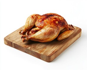 Golden roasted whole chicken on a wooden cutting board