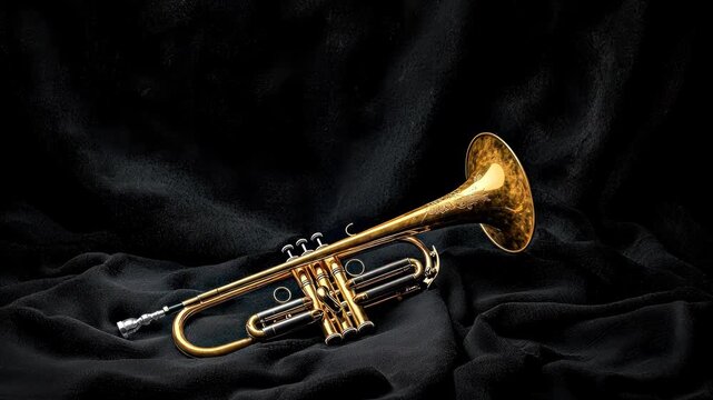 A golden trumpet rests elegantly on a dark, textured cloth, illuminated by soft light. The instrument is the focus
