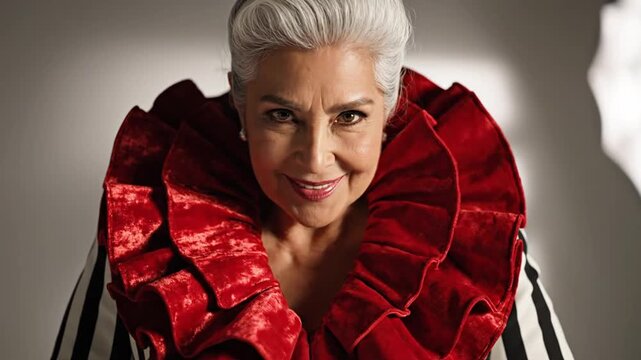 Elegant senior woman smiling in vibrant red ruffled collar