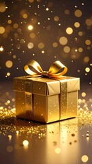 A golden gift box, ribbon, and glitter with sparkling bokeh background