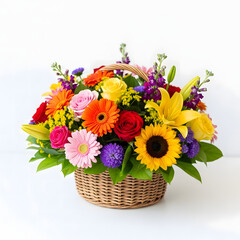 Obraz premium Colorful bouquet of flowers in a wicker basket on a white background transparent background