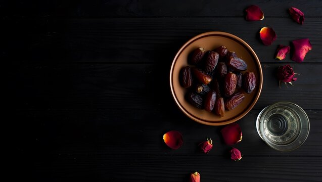 Islamic Iftar Meal Concept with Dates and Water on Wooden Surface