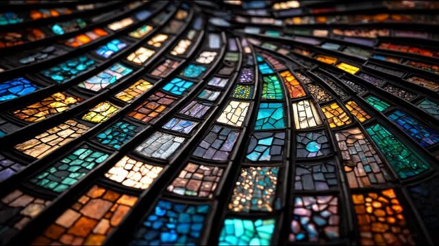 An abstract, detailed perspective of curved, segmented panels. Each section is a mosaic of colorful glass pieces