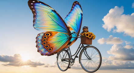 Fototapeta premium Whimsical butterfly rides a bicycle with flowers in a basket under a bright sky