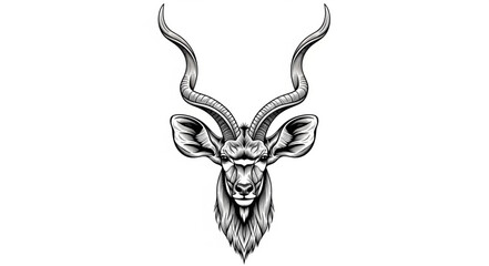 Detailed illustration of a Greater Kudu antelope head with large spiraling horns. © Anik