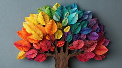 Abstract Multicolor Leaf Tree with Gray Textured Background Symbolizing Diversity and Growth in Digital Art Style Under Studio Lighting