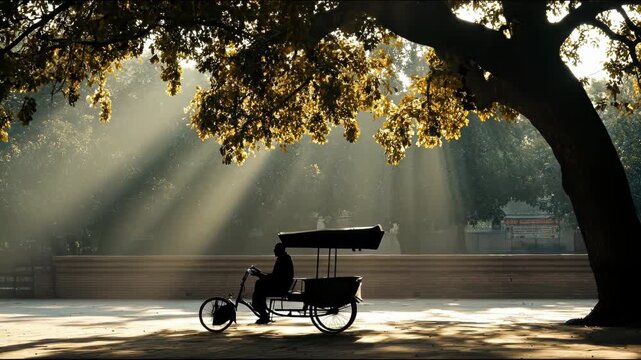 A silhouetted figure pedals a rickshaw beneath a sunlit tree. Golden light streams through the foliage, illuminating a paved space