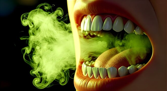 3D illustration of a mouth with green smoke symbolizing bad breath or halitosis. Concept for oral hygiene, dental health awareness, social impact of breath odor, and bacterial infection.