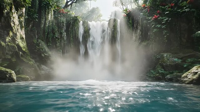 Cascading tropical waterfall video over turquoise pool.