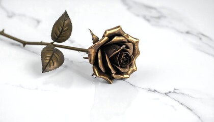 A golden, ornate rose lies on a pristine, white marble surface