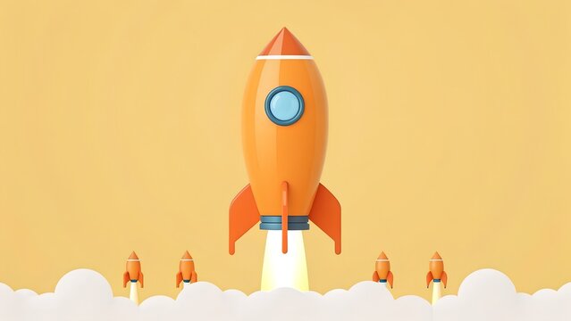 A vintage cartoon illustration of a retro spaceship rocket launching through the sky into space to travel past a planet toward the moon with fire and science technology design elements