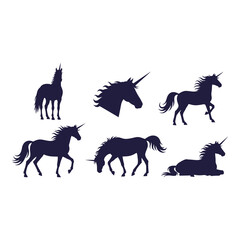 Fototapeta premium Collection of six different unicorn silhouettes in various poses and views icon