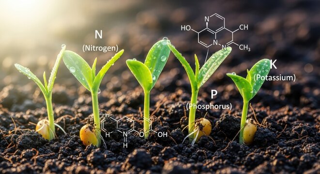 Young green seedlings growing in soil with nutrient elements nitrogen phosphorus potassium for agriculture and plant growth concept