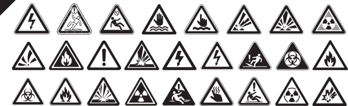 Warning triangular caution shapes signs with various danger symbols: hazard, flammable, radiation, slipping, electrical, biohazard, toxic, explosion