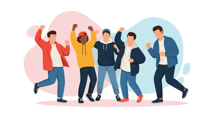 Obraz premium Group of cheerful diverse young men in casual clothes dancing and celebrating together against an abstract colored background.