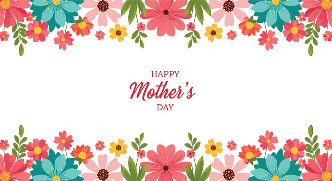 Beautiful horizontal floral borders with colorful spring flowers and green leaves for a Happy Mother's Day greeting card.