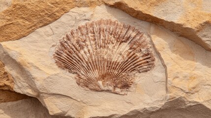 paleontology. A fossil specimen showing a clear imprint of an ancient seashell. STEM education sheets, lab safety posters, designed for STEM education and laboratory safety posters.