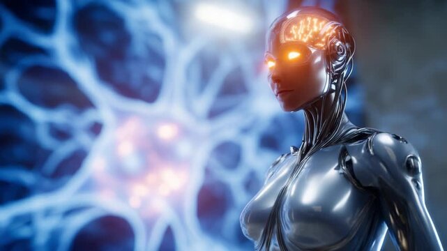 A futuristic robot stands poised against a backdrop of glowing neural connections, showcasing advanced technology and artificial intelligence in a vibrant setting.