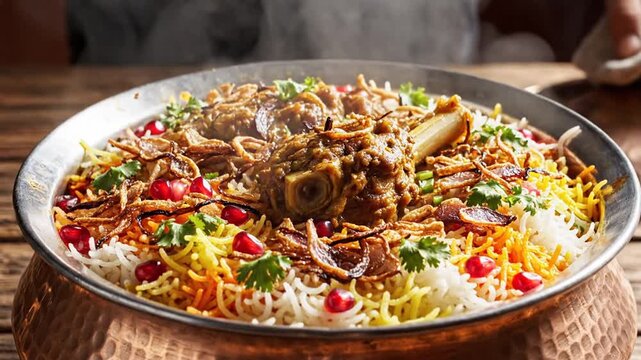 Traditional Indian Biryani served in copper pot on wood.