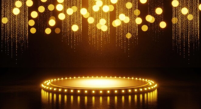 Golden circular stage with glowing lights on dark background