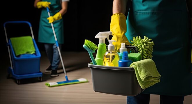 Person holding cleaning supplies in a dimly lit room with another person cleaning in the background