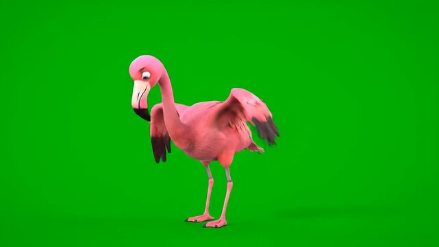 Pink flamingo standing on one leg funny 3D animation green screen