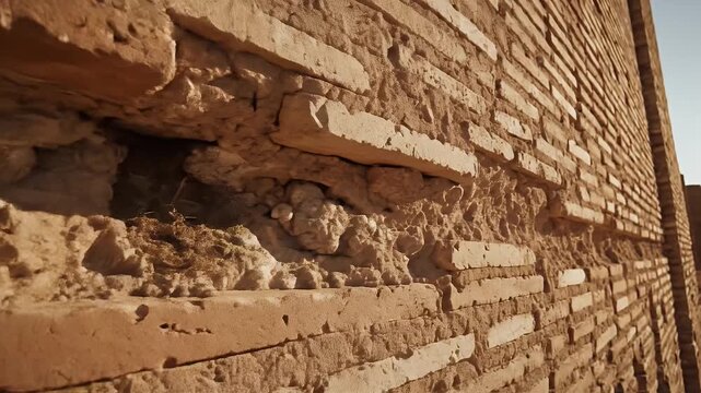 Close-up of a weathered brick wall with missing sections. Shows textures and depth