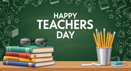 Happy Teachers Day celebration with books, glasses, pencils, and chalkboard background in bright classroom