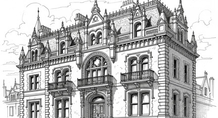 Ornate Gothic Revival Style Mansion with Intricate Architectural Details. © Whyyyu