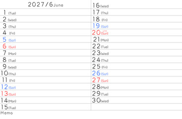 2027年シンプルカレンター　6月　曜日英語