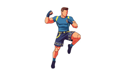 Fototapeta premium Full-body illustration of a muscular man in a blue sports outfit throwing a punch with a dynamic pose on a plain white background.