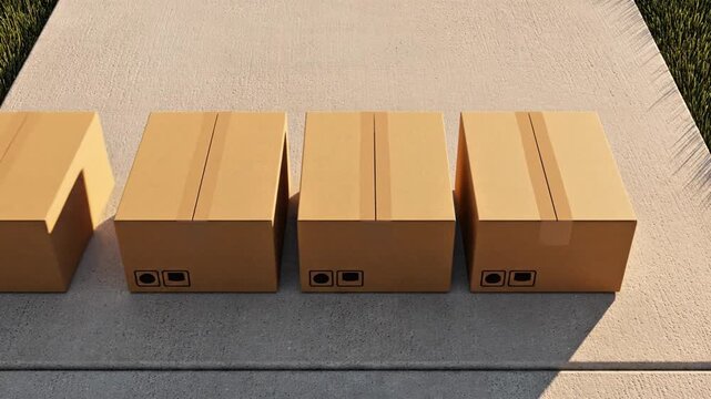 Top view of identical cardboard boxes appearing repeatedly on a doorstep in a seamless loop, symbolizing recurring delivery, subscription services, and automated e-commerce logistics.