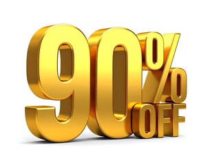 A golden, three-dimensional "90% OFF" sign on a clean white backdrop