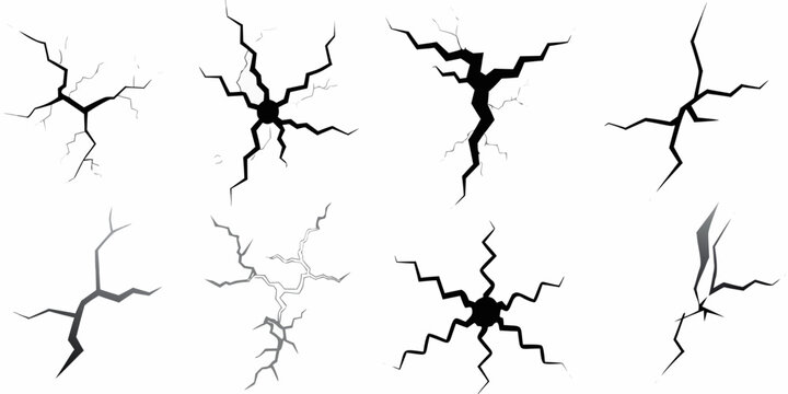Collection of black and white crack patterns on a white background