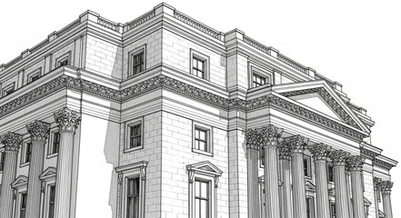 Detailed architectural drawing of a neoclassical building with columns and ornate details. © Whyyyu