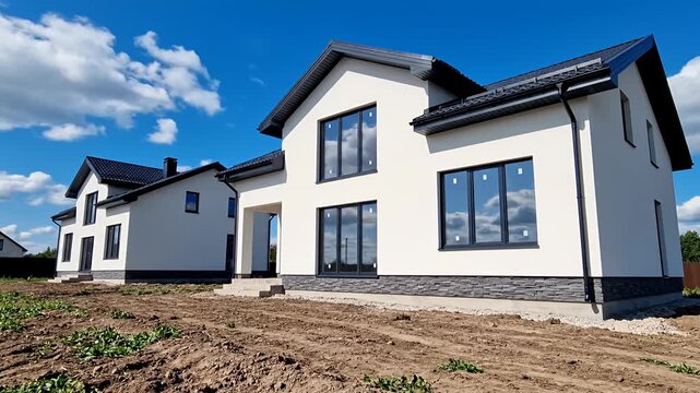 Newly constructed duplex dwelling units with white stucco exterior under bright sky