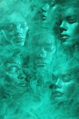 Emerald Glitter Faces Emerging From Green Smoke Abstract Dreamy Portrait